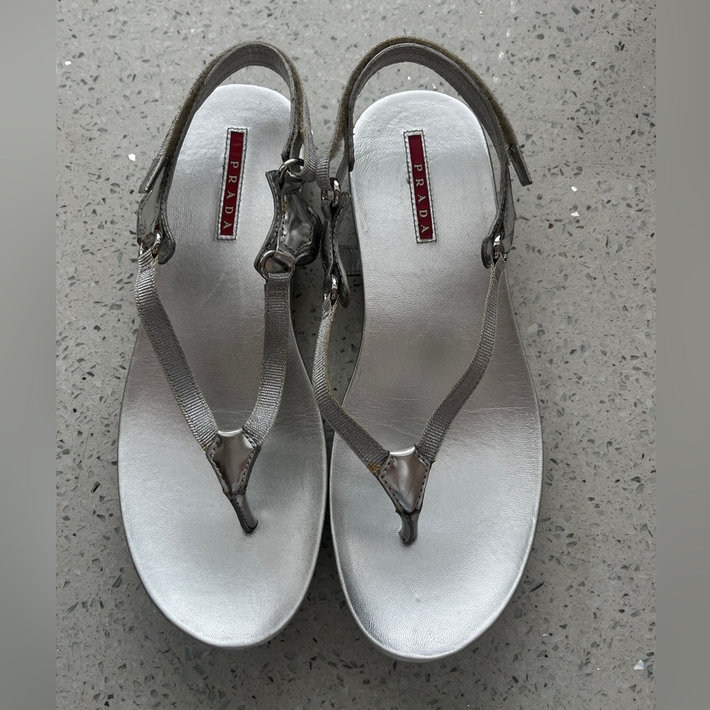 Prada Silver Slingback Thong Sandals